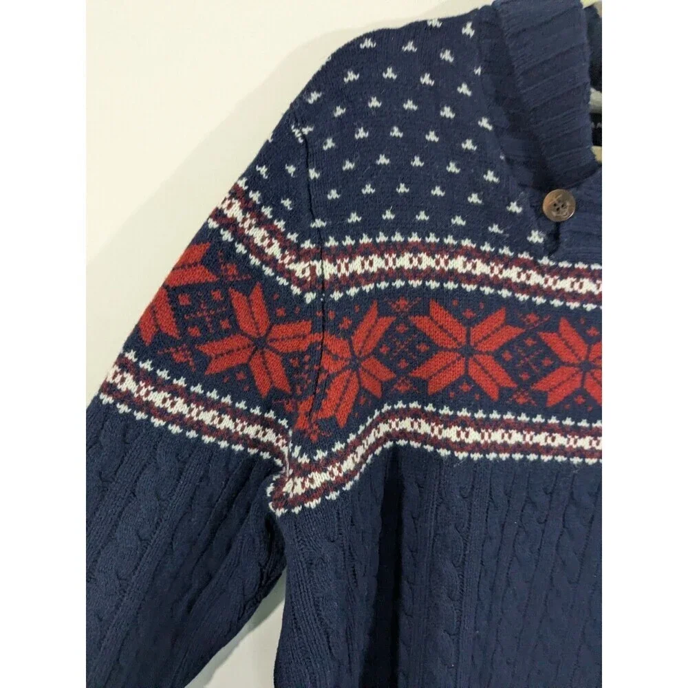 Lands End Men's Lambswool Cable Knit Fair Isle Sweater Navy Shawl Collar Sz XL